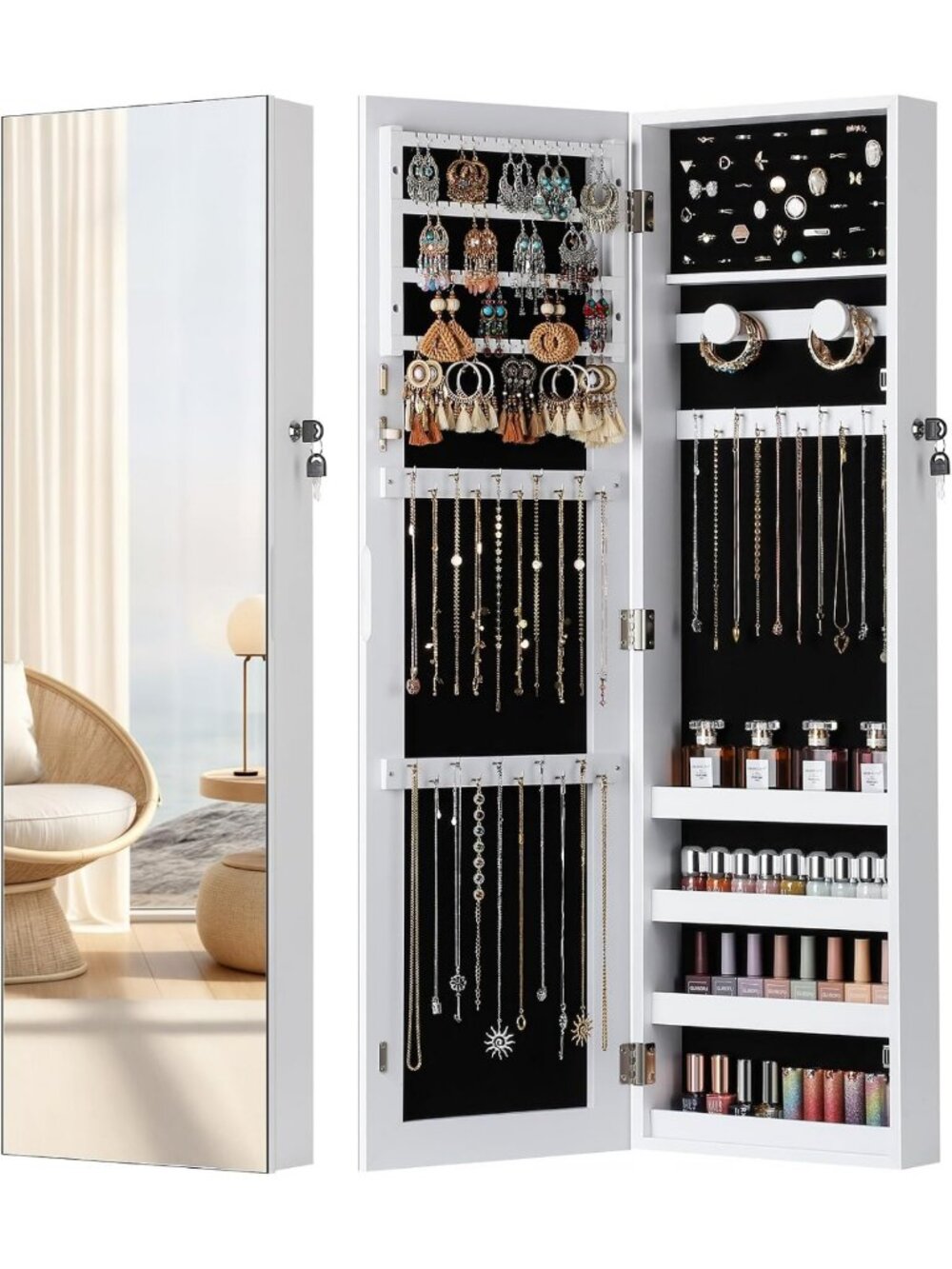 Elegant White Hanging Jewelry Cabinet - Stylish Organizer & Storage Solution